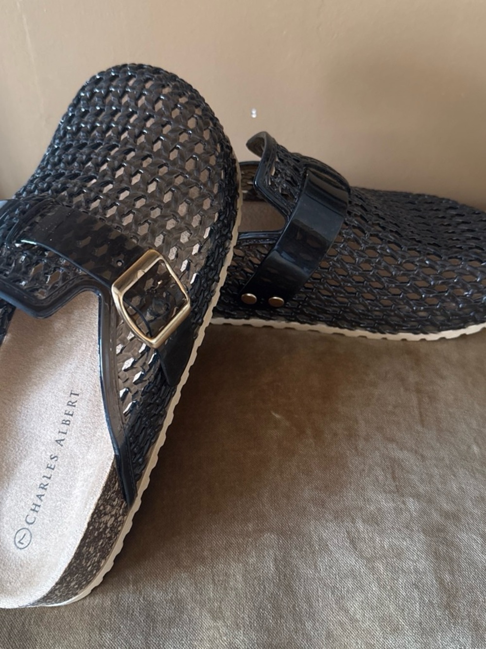 Charles Albert Black Woven Mule Clogs with Gold Buckle